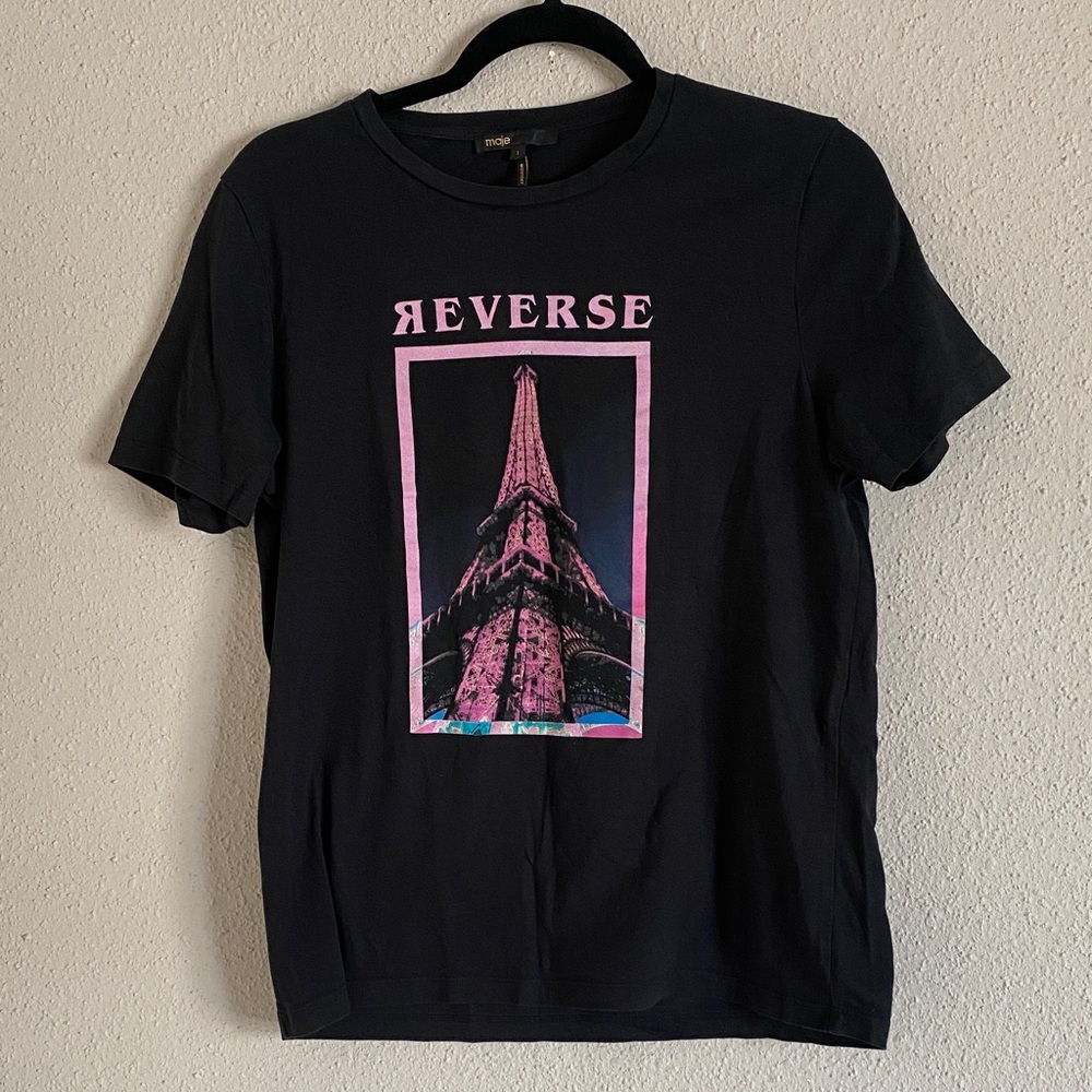 Maje Reverse Black Tee with Pink Graphic